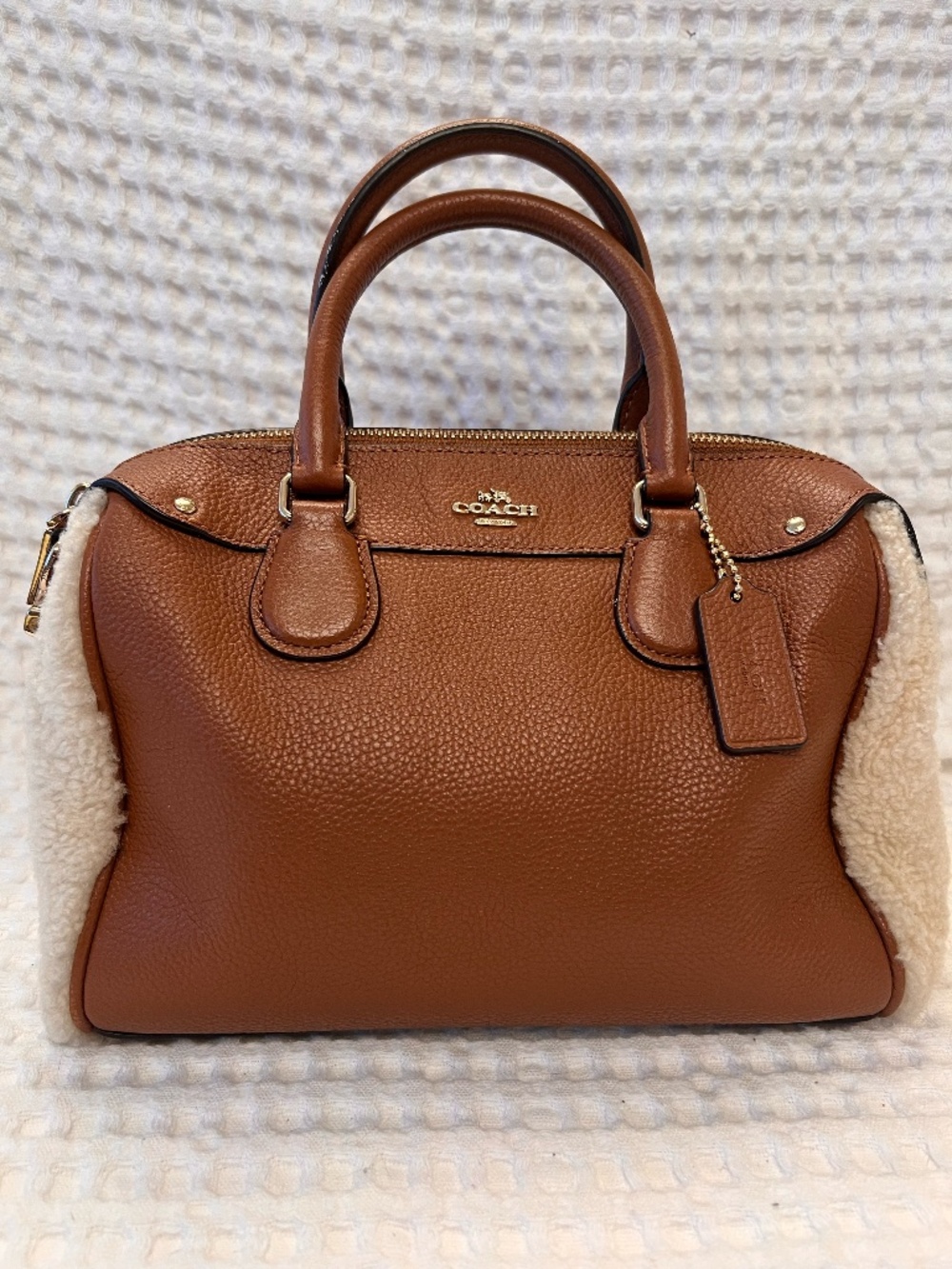 Coach Mini Bennett Satchel Brown Leather Cream Shearling Panels Hang Tag EUC